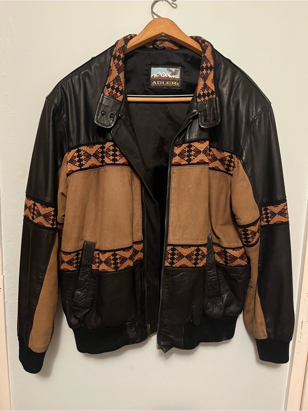 Vintage 90’s Black & Tan Leather Bomber Jacket with Southwestern Pattern